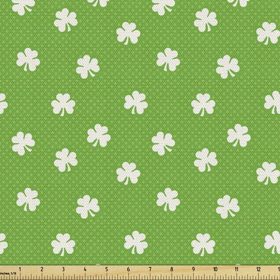 Ambesonne Irish Fabric by the Yard Upholstery, Polka Dots and Shamrocks, 3 Yards, Lime Green White