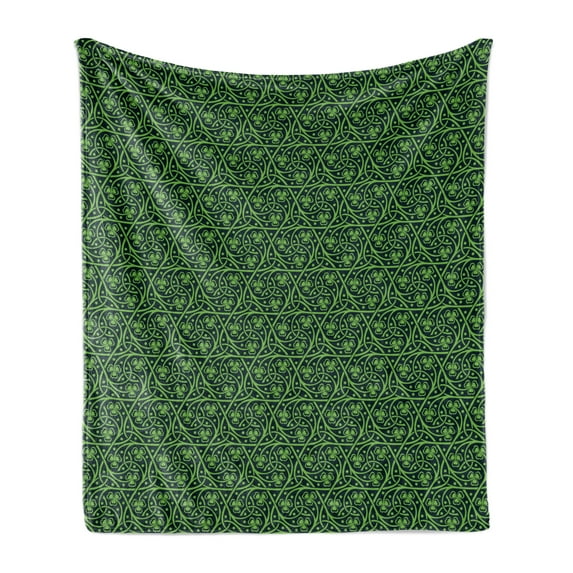 Irish Soft Flannel Fleece Blanket, National Foliage Pattern Intricate Twigs and Dots Trefoil Botanical Abstraction, Cozy Plush for Indoor and Outdoor Use, 70" x 90", Black Lime Green, by Ambesonne