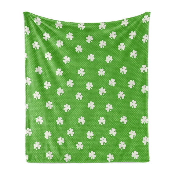 Irish Soft Flannel Fleece Blanket, Old Fashioned Polka Dots Backdrop with Cultural Flowers Clovers Retro Classic, Cozy Plush for Indoor and Outdoor Use, 50" x 70", Lime Green White, by Ambesonne