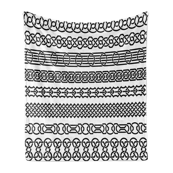 Irish Soft Flannel Fleece Blanket, Vintage Borders in the Form of Celtic Classical Ornaments Horizontal Striped Pattern, Cozy Plush for Indoor and Outdoor Use, 60" x 80", Black White, by Ambesonne