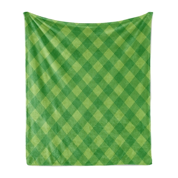 Irish Soft Flannel Fleece Throw Blanket, Retro Pattern in Vivid Green Cultural Checkered Traditional Tile, Cozy Plush for Indoor and Outdoor Use, 70" x 90", Green Lime Green, by Ambesonne