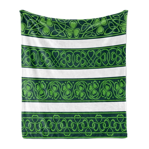 Irish Soft Flannel Fleece Throw Blanket, Shamrock Borders Gaelic Nature Botany Theme Trefoils Swirls, Cozy Plush for Indoor and Outdoor Use, 70" x 90", Forest Green White, by Ambesonne