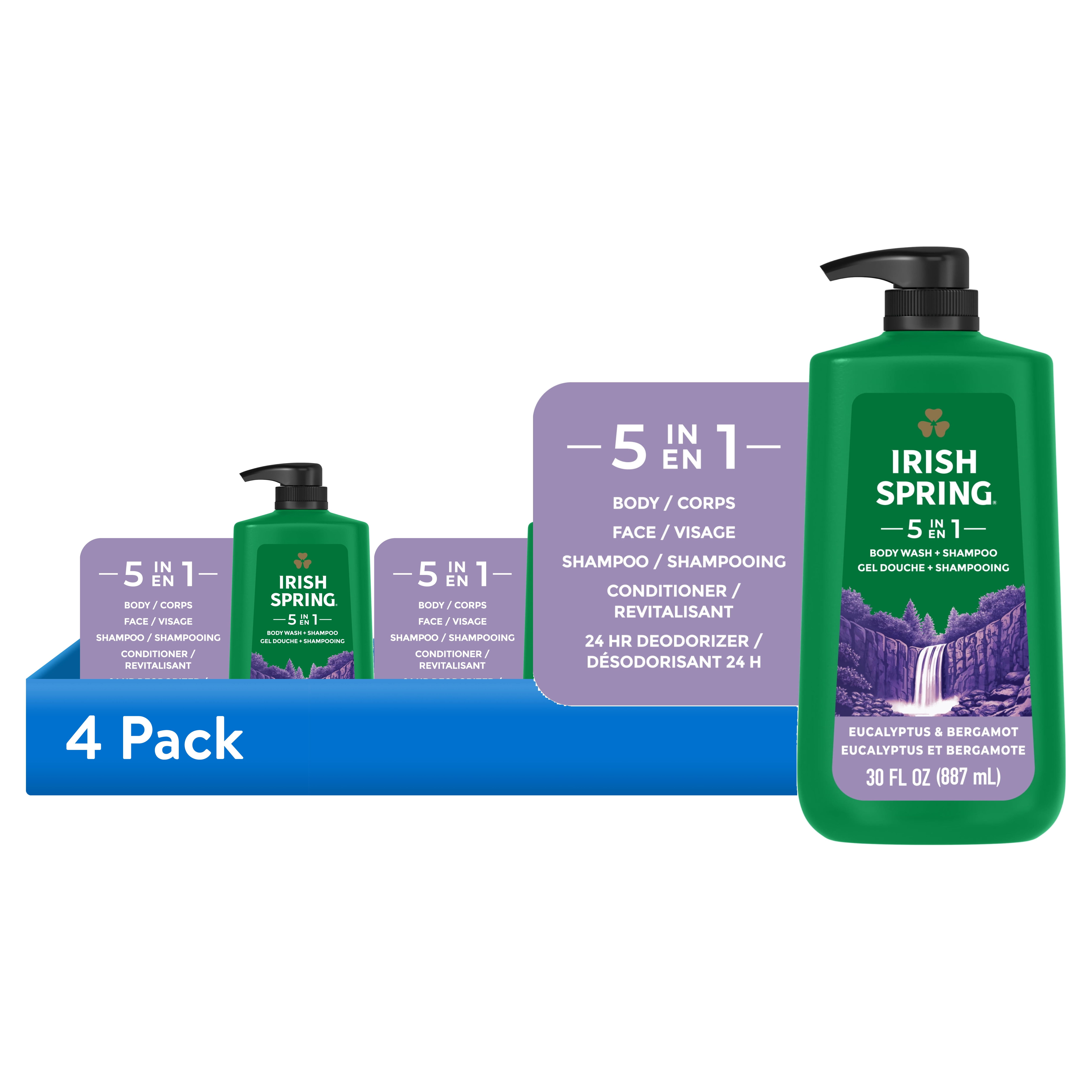 (4 pack) Irish Spring 5 in 1 Moisturizing Body Wash for Men, Fresh Eucalyptus & Bergamot Scent, 30 fl oz