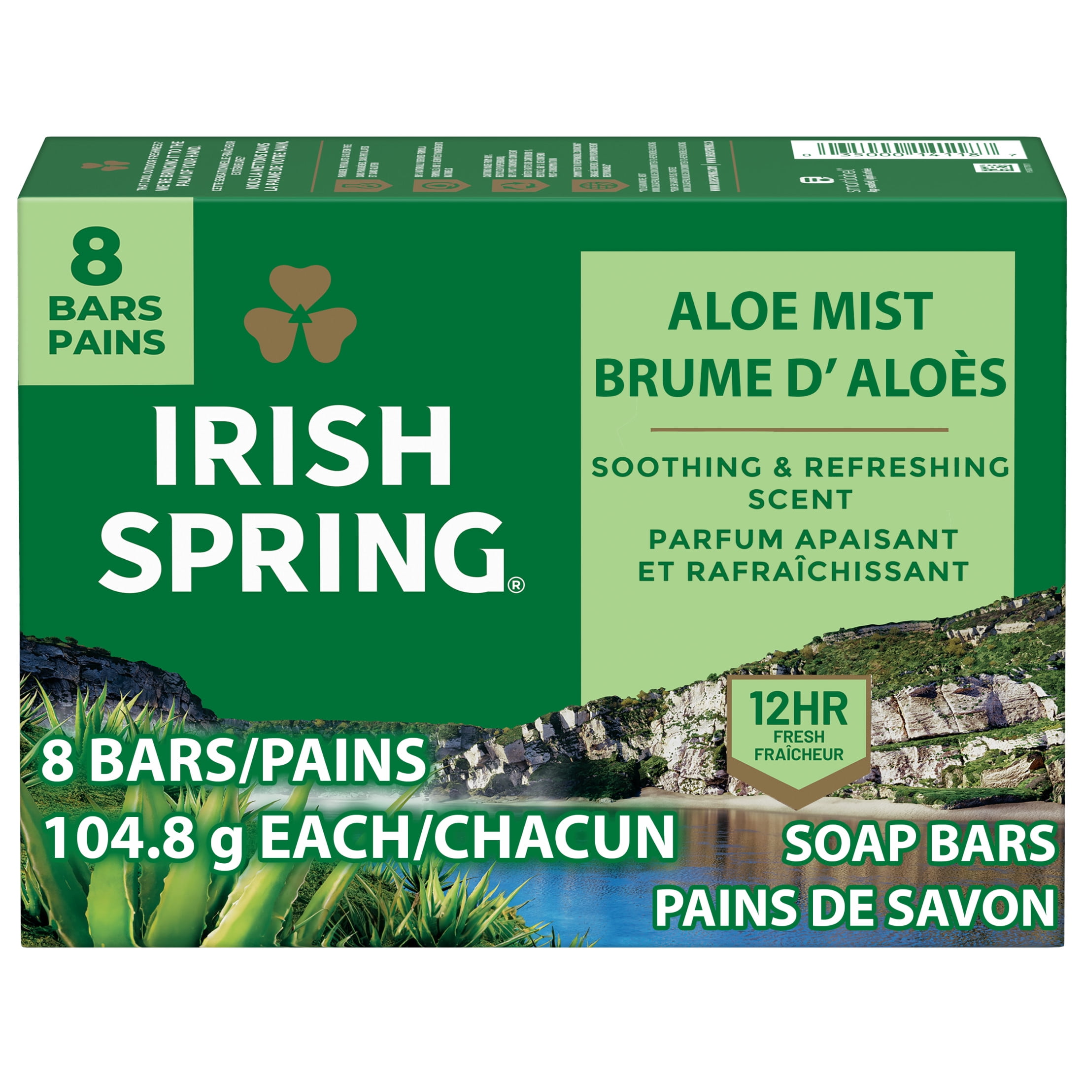 Irish Spring Aloe Mist Deodorant Bar Soap for Men, 12 Hour Fresh Deodorant Soap, 3.7 oz Bar (8 Pack)