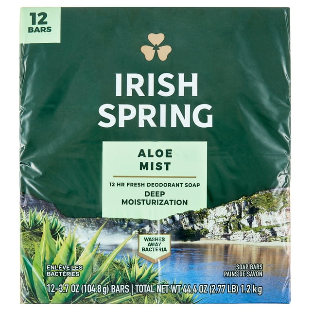 Irish Spring Aloe Mist Deodorant Bar Soap for Men, Feel Fresh All Day, 3.7 oz, 12 Pack