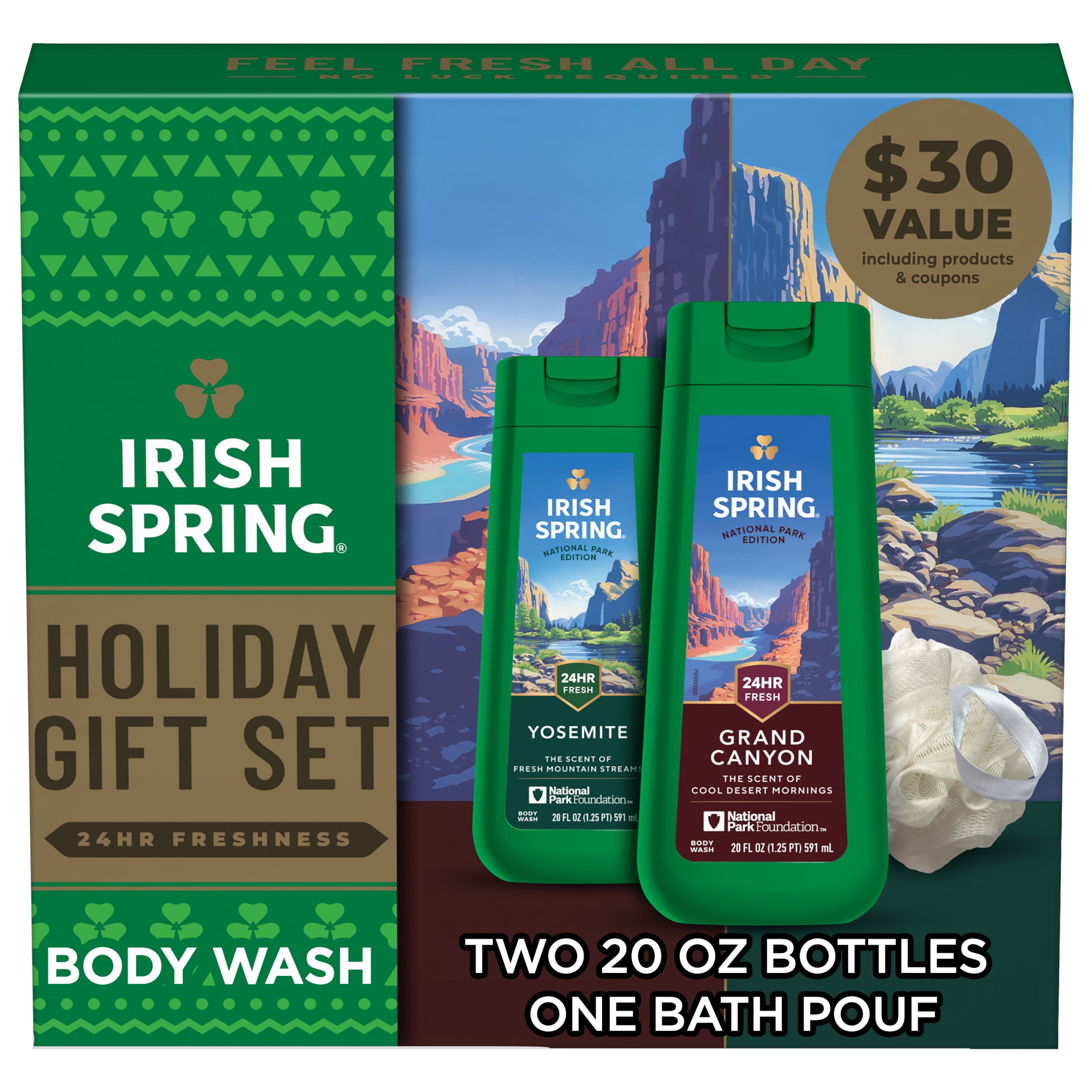 Irish Spring National Parks Limited Edition Gift Set, 2 x 20 fl oz Bottles Plus Bath Pouf