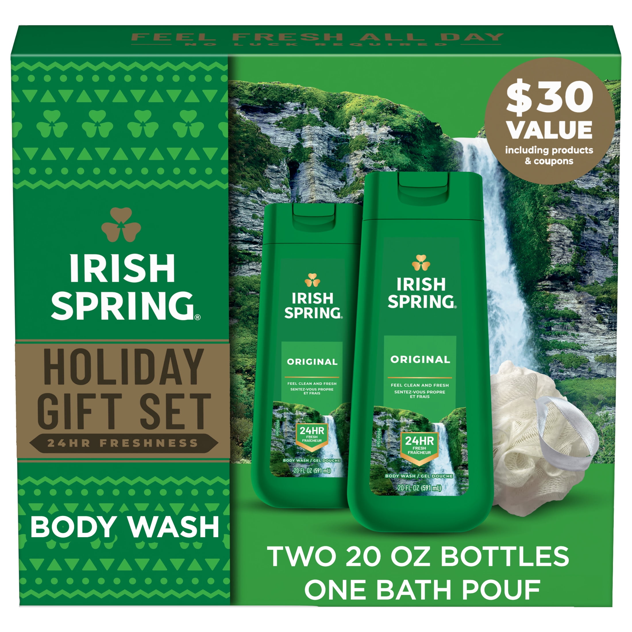 Irish Spring Original Body Wash Gift Set, Paraben Free, 2 x 20 fl oz Bottles Plus Bath Pouf