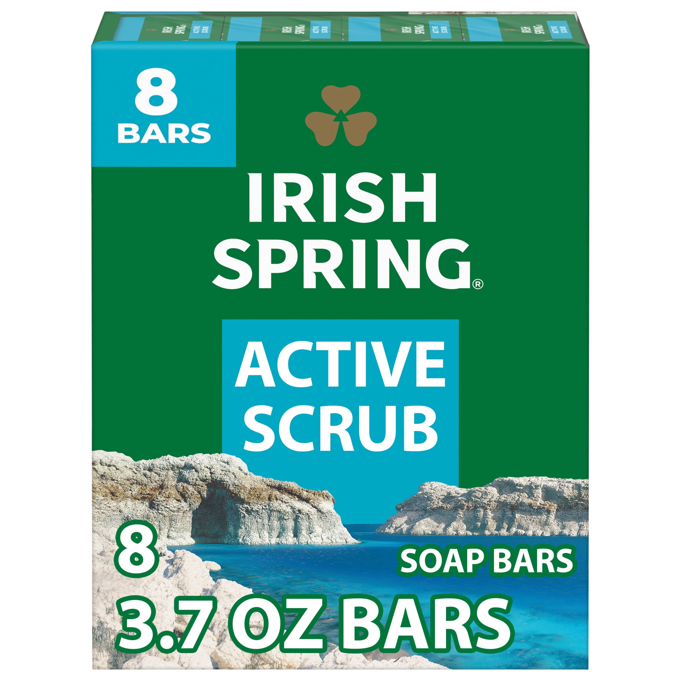 Irish Spring Active Scrub Exfoliating Bar Soap for Men, With Flaxseed Oil, 3.7 oz Bar (8 Pack)
