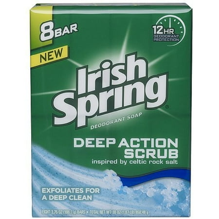 Irish Spring Deep Action Scrub Deodorant Bar Soap, 3.75 oz bars, 8 ea