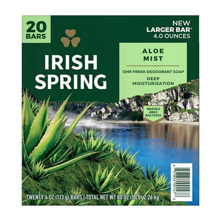 Irish Spring Deep Moisture Bar Soap For Men, Aloe Mist, 20 Pack - 4 Ounce Bars.