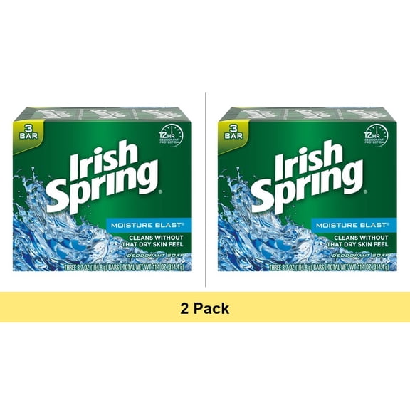 Irish Spring Deodorant Soap Moisture Blast 3.7 oz Bar Soap 2-Pack (6 Bars Total)
