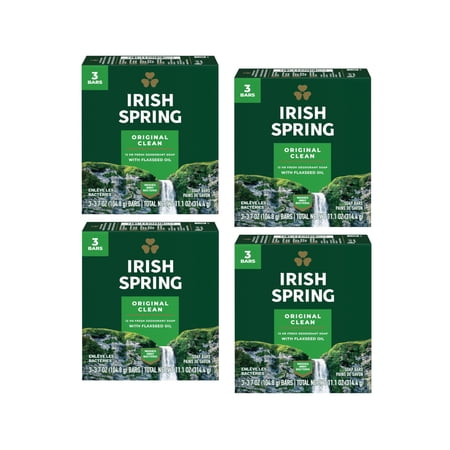 Irish Spring Deodorant Soap Original Bar, 3 Count 3.75 Ounce, 4 Packs, Total 12 Bars