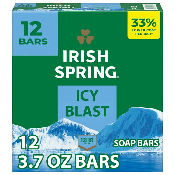 Irish Spring Icy Blast Deodorant Bar Soap for Men, With Flaxseed Oil, 3.7 oz Bar (12 Pack)