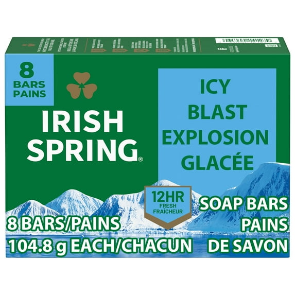 Irish Spring Icy Blast Deodorant Bar Soap for Men, With Flaxseed Oil, 3.7 oz Bar (8 Pack)