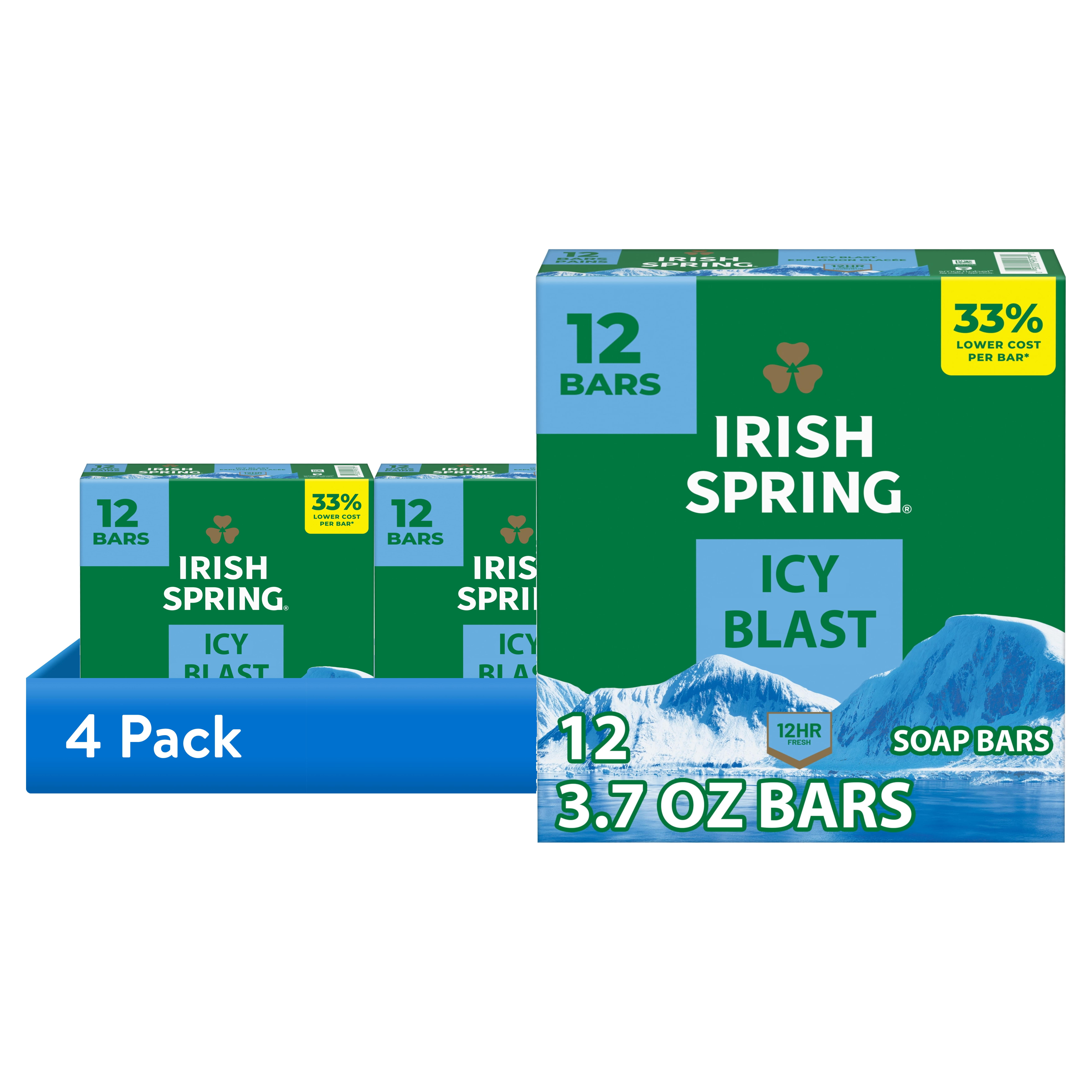(4 pack) Irish Spring Bar Soap for Men, Icy Blast Deodorant Bar Soap, 3.7 Oz, 12 Pack
