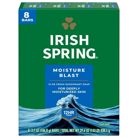 Irish Spring Moisture Blast Deodorant Bar Soap for Men, 3.7 oz Bar (8 Pack)