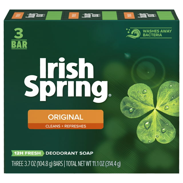 Irish Spring Original Clean Deodorant Bar Soap for Men,  for All Skin Types, 3.7oz, 3 Pack