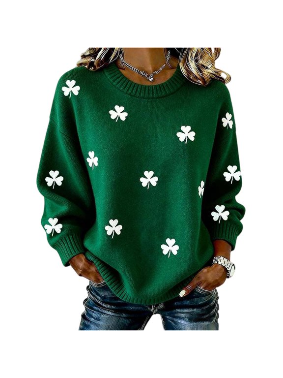 Irish Sweater Women St. Patrick's Day Shamrock Sweater Long Sleeve Crew Neck Casual Pullover Top Army Green M