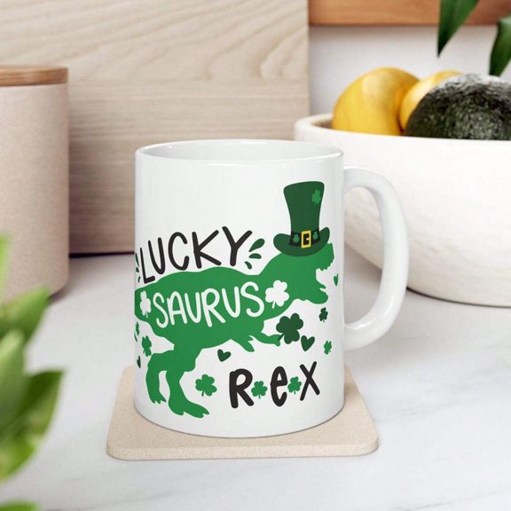 Irish T-Rex Coffee Cup Lucky Saurus Rex St. Patrick's Day Mug Cute Dinosaur Clover Design Funny Green Dino Gift For S1HAmR1OCk Lovers 11,