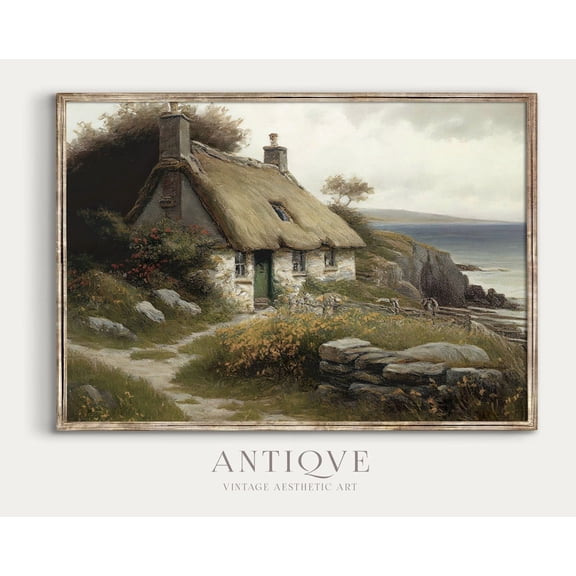 Irish Thatched Cottage By The Sea With Flowers, Ireland Home Decor, Irish Stone Cottage Landscape,679 Home Decor, 8x12 UNFRAMED