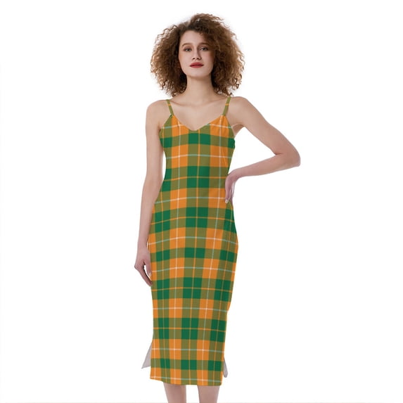 Irish Themed Plaid Pattern Print Slim Fit Midi Cami Dress, Irish St. Patrick'S Day Fashion Summer Maxi Sexy Casual Dress For Women