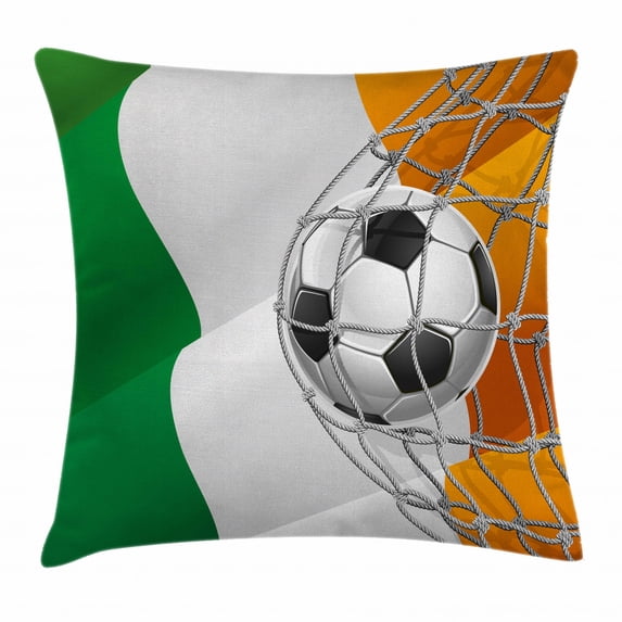 Irish Throw Pillow Cushion Cover, Sports Theme Soccer Ball in a Net Game Goal with Ireland National Flag Victory Win, Decorative Square Accent Pillow Case, 20 X 20 Inches, Multicolor, by Ambesonne