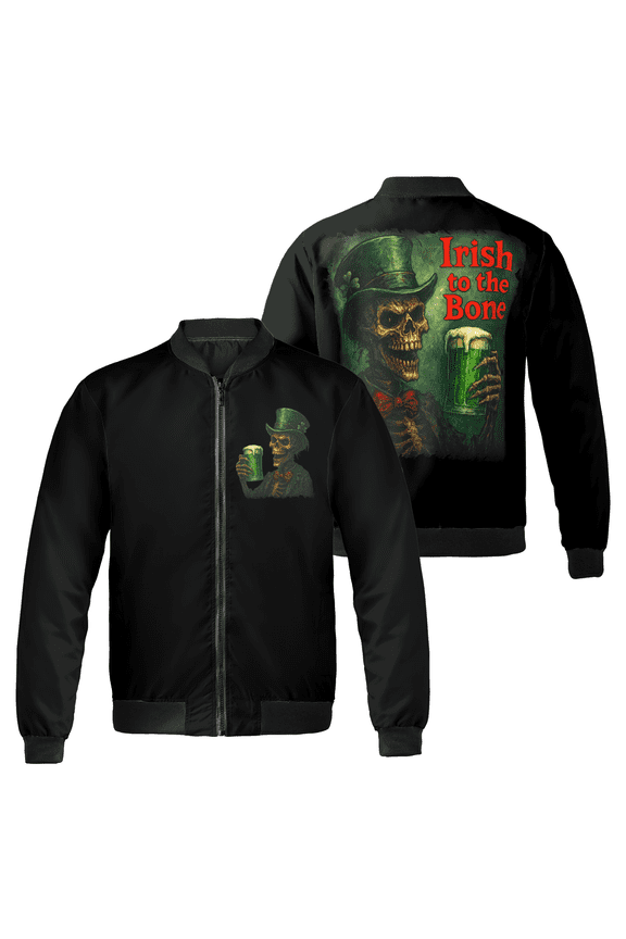 Irish To The Bone Bomber Jacket – Skull Leprechaun Art Design, St. Patrick’s Day Zip Up Jacket