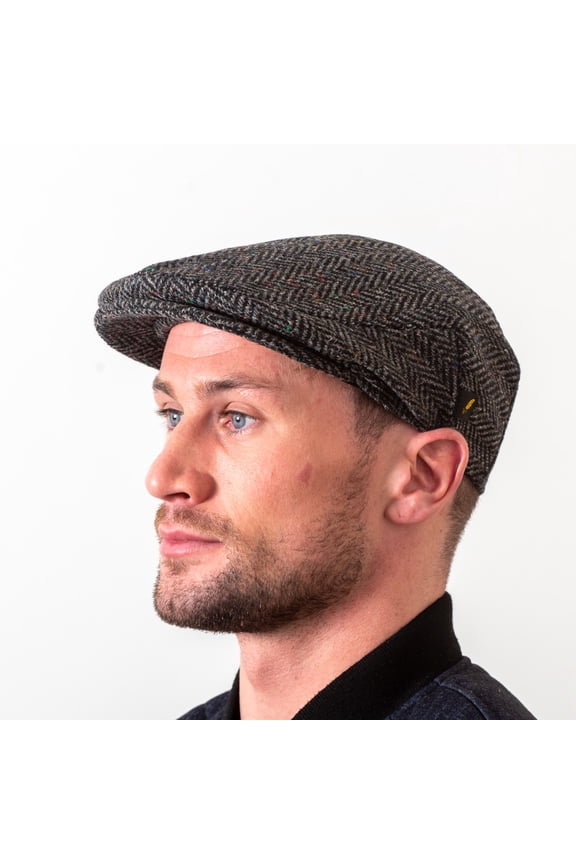 Irish Traditional Donegal Tweed Cap – Authentic Men’s Flat Cap with Classic Irish Design in Charcoal Herringbone