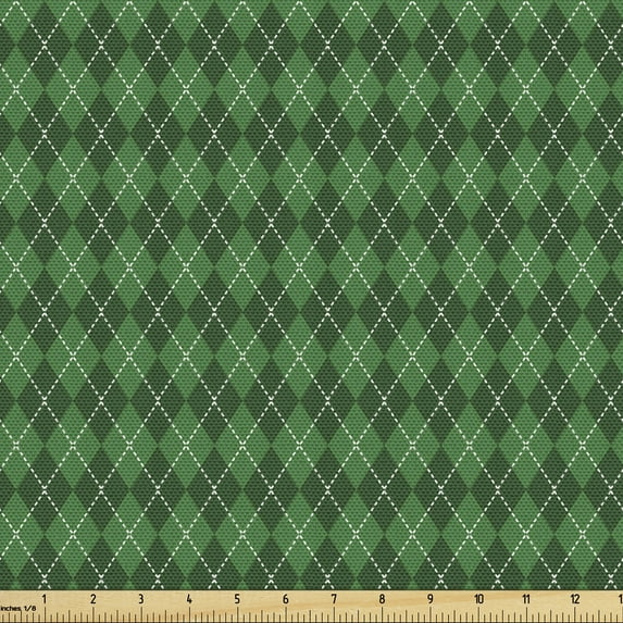 Irish Upholstery Fabric by the Yard, St. Patrick's Day Celebration Inspired Vintage Pattern Argyle Tartan Dots, Decorative Fabric for DIY and Home Accents, 5 Yards, Green Dark Green White by Ambesonne