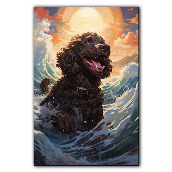 Irish Water Spaniel Canvas Wall Art Framed Great Wave Oil Painting Stretched and Framed Artsy Romantic Wall Paintings Girlfriend gift for Living Room Bedroom Bathroom Office Wall Décor
