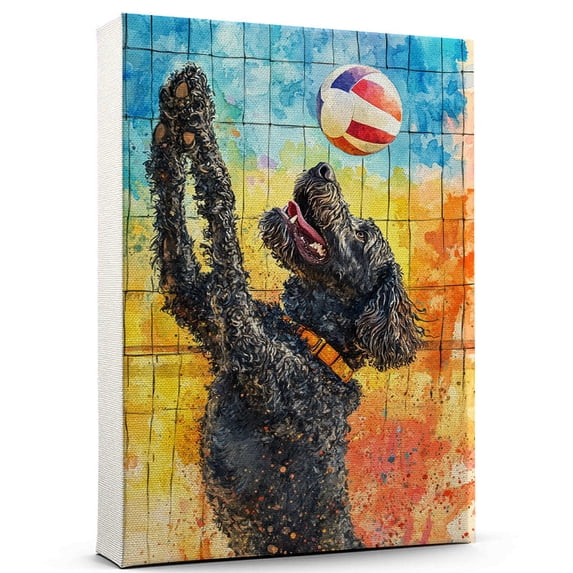 Irish Water Spaniel Dog Playing Volleyball Wall Stretched Canvas Size 8x12 – Irish Water Spaniel Canvas Art for Dog Lovers, Volleyball Canvas Wall Decor