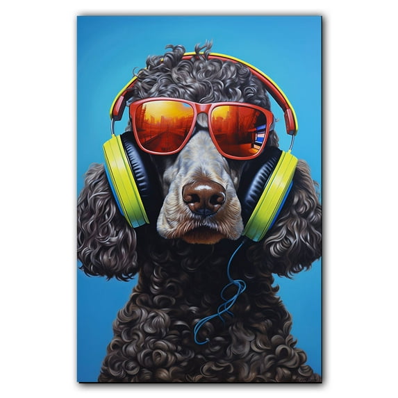 Irish Water Spaniel Wall Art - Funny Dog Canvas Canvas for Kids' Room 11x17inch - Colorful Puppy with Earphone Pictures Framed Ready to Hang