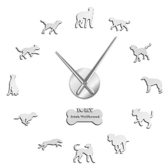 Irish Wolfhound Dog Breed Giant DIY Wall Clock Puppy Doggie Pet Portrait Frameless 3D Wall Watch Sighthound Stickers Home Decor(Silver,27inch)