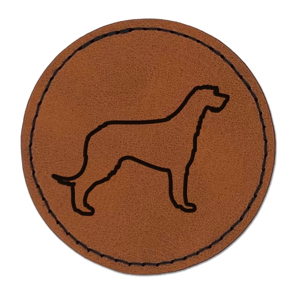 Irish Wolfhound Dog Outline 2.5" Faux Leather Round Engraved Iron-On Patch - Brown