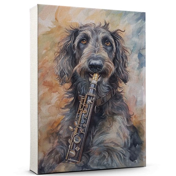 Irish Wolfhound Dog Playing Clarinet Wall Stretched Canvas Size 8x12 – Irish Wolfhound Canvas Art for Dog Lovers, Clarinet Canvas Wall Decor