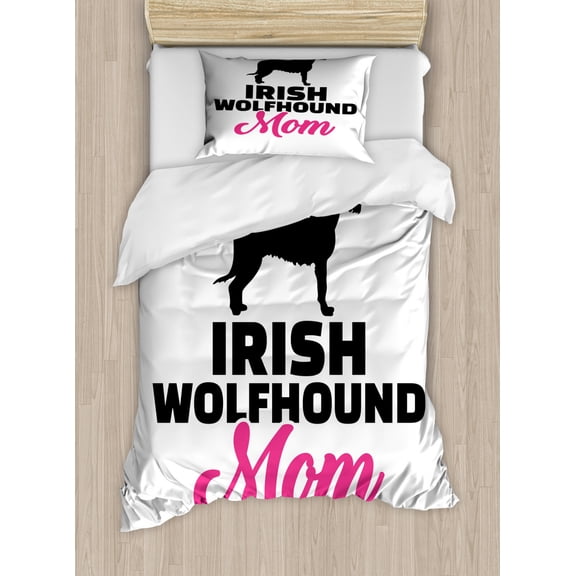 Irish Wolfhound Duvet Cover Set Twin Size, Monochromatic Pet Layout and Animal Owner Related Inscription, Decorative 2 Piece Bedding Set with 1 Pillow Sham, Charcoal Grey Hot Pink, by Ambesonne