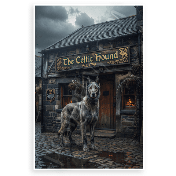 Irish Wolfhound Guardian Celtic Hound Pub Night Scene 12x18 US Made Poster