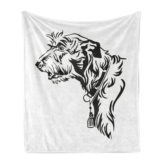 Irish Wolfhound Soft Flannel Fleece Blanket, Monochromatic Graphic Drawn Composition of Adult Dog Portrait, Cozy Plush for Indoor and Outdoor Use, 50" x 70", White and Charcoal Grey, by Ambesonne