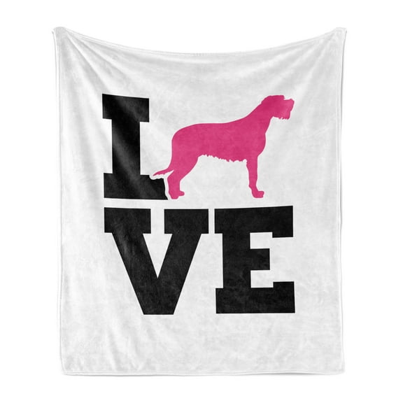 Irish Wolfhound Soft Flannel Fleece Blanket, Pinky Dog Silhouette and Love Lettering on Plain Background, Cozy Plush for Indoor and Outdoor Use, 50" x 70", Charcoal Grey and Hot Pink, by Ambesonne
