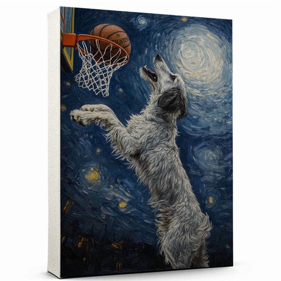 Irish Wolfhound Vintage Dog Basketball Canvas – Artistic Sports, Irish Wolfhound Dog with Basketball Stretched Canvas Size 8x12 Wall Print for Bedroom, Living Room, Office