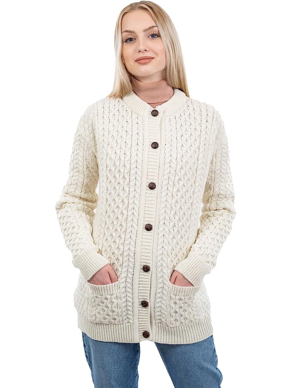Irish Women's Aran 100% Merino Wool Buttons Up Lumber Cardigan with Pockets