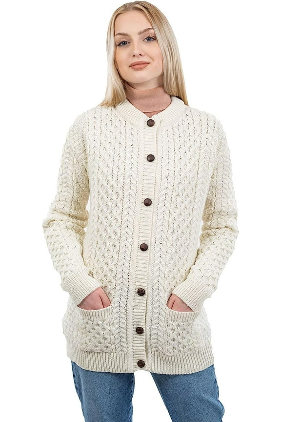 Irish Women's Aran 100% Merino Wool Buttons Up Lumber Cardigan with Pockets