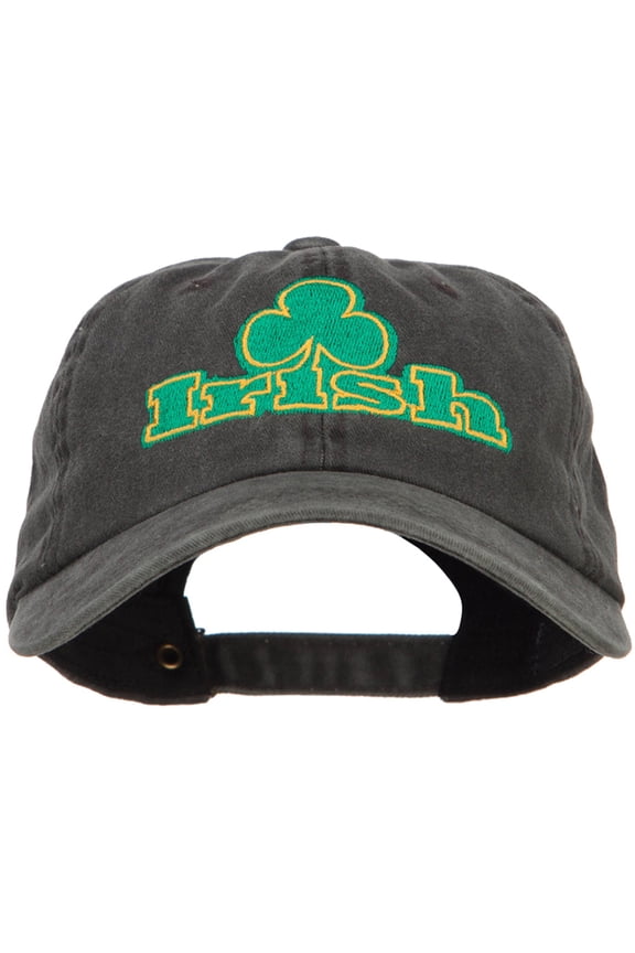 Irish and Shamrock Outline Embroidered Washed Cotton Cap - Black OSFM