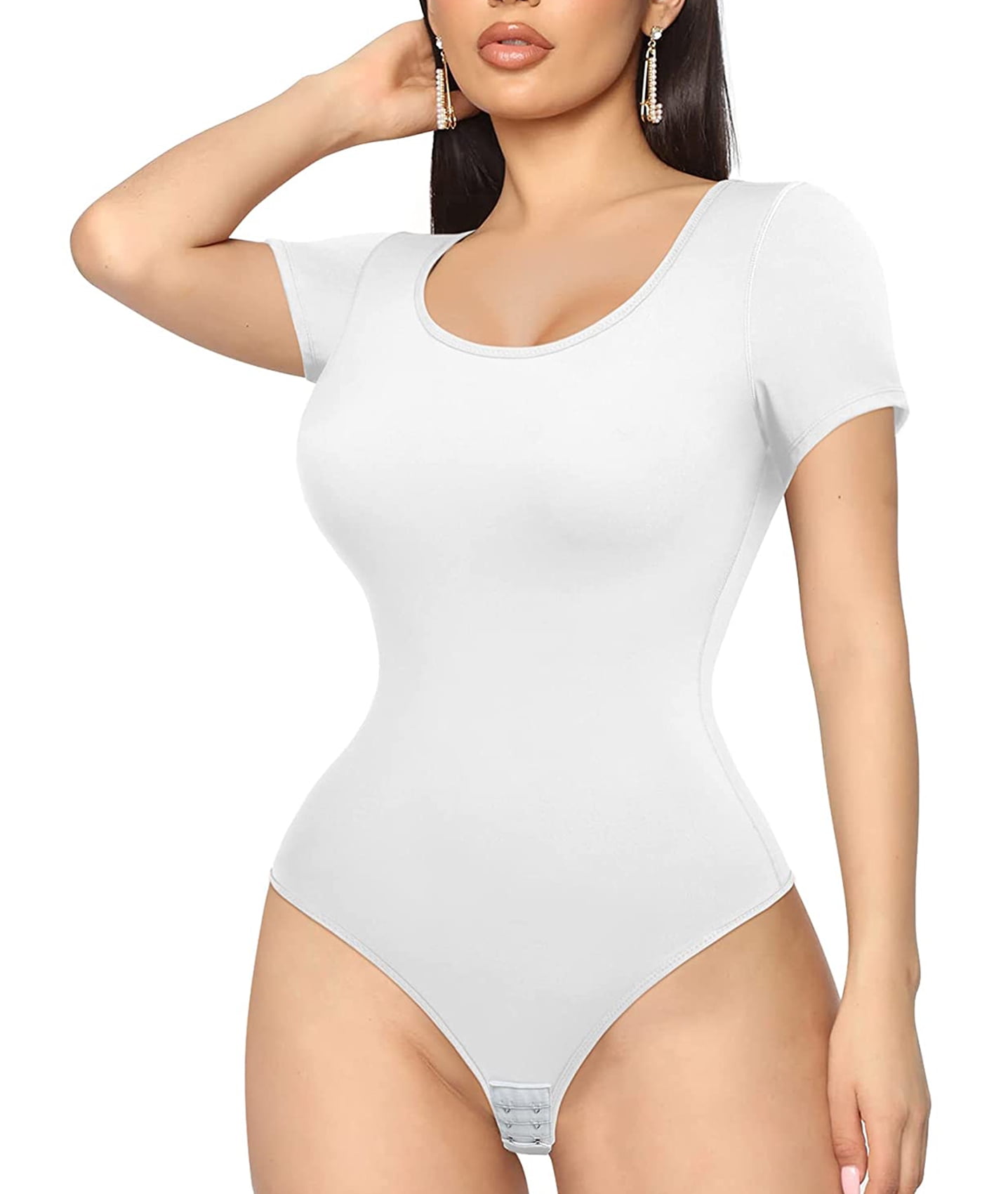 Shapewear for Women Tummy Control Thong Bodysuit, Crew Neck Long Sleeve  Body Shaper Tops Jumpsuit (Color : White, Size : X-Large)