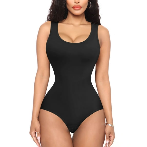 Irisnaya Shapewear Bodysuit for Women Round Neck Tummy Control Sleeveless Sexy Waist Trainer Vest Full Body Shaper Tank Tops Jumpsuit(Black Medium)