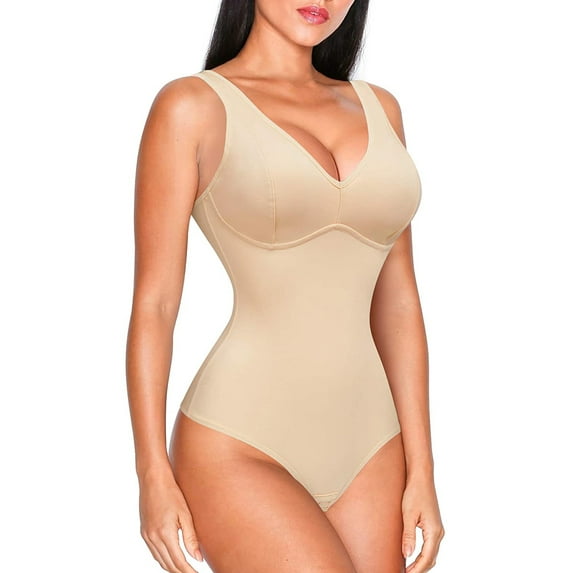 Irisnaya Women's Shapewear Bodysuit Tummy Control Thong Waist Trainer Jumpsuit Slimming Bodysuits with Built in Bra Full Body Shaper Tops Leotard(Beige X-Large)