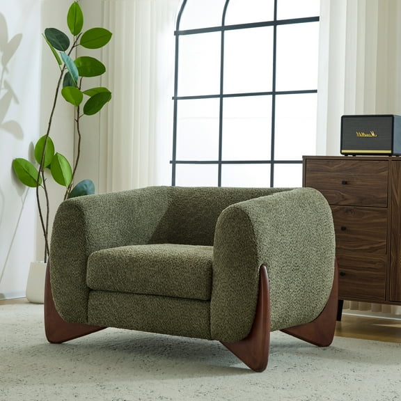 Irlas Modern Boucle Upholstery Club Chair, Armchair with Unique Triangular Solid Wood Legs, Olive Green