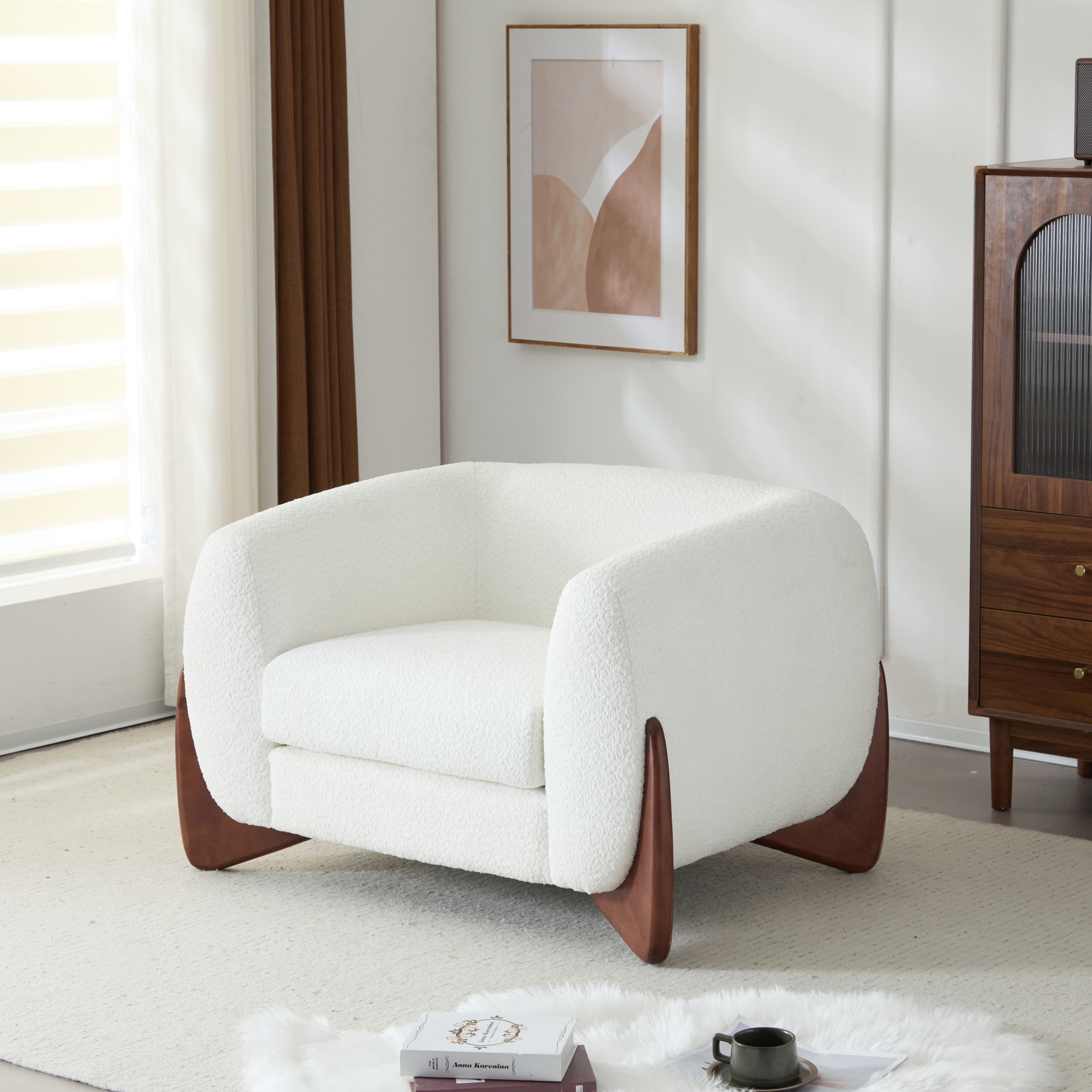 Irlas Modern Upholstered Boucle Club Chair, Birch Wood, White + Walnut