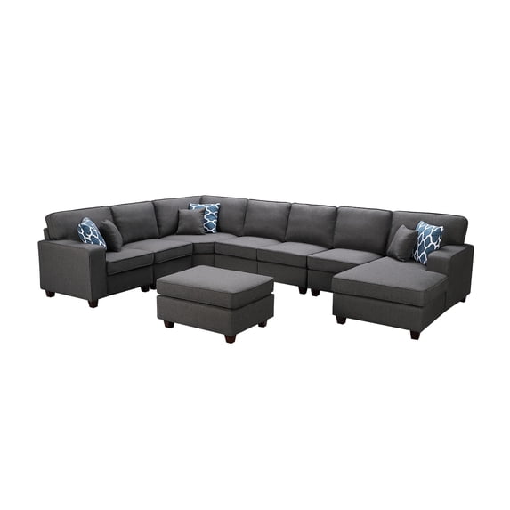 Set of 8 Iron Gray Home Furniture Irma Modular Sectional Sofa Chaise with Ottoman, 12.5'
