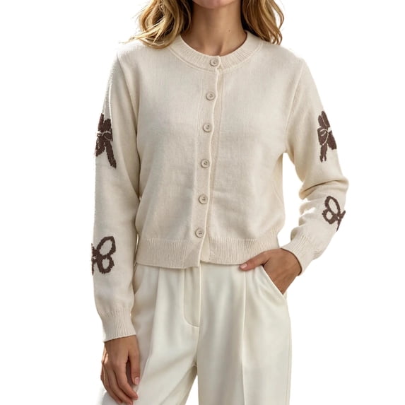 Iroehba Cardigan Sweaters for Women Long Sleeve Button Down Crew Neck Knit Tops Relaxed Cut Elegant Casual Outerwear for Daily Wear